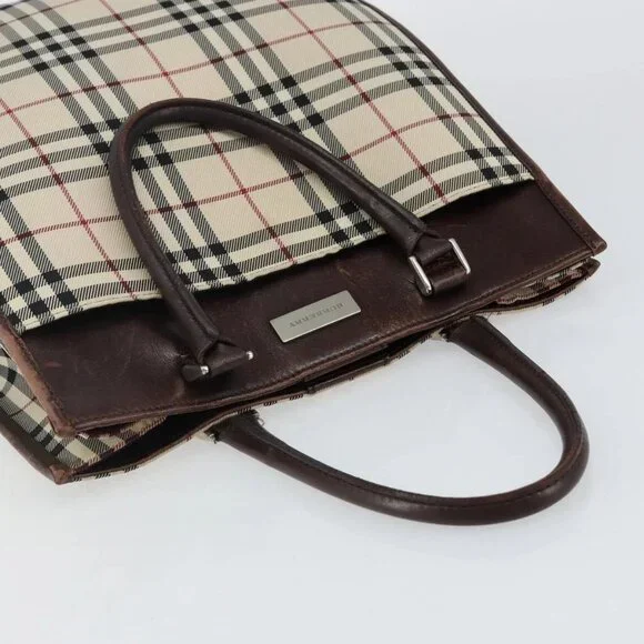 BURBERRY Nova Check Hand Bag Canvas Beige Silver Auth